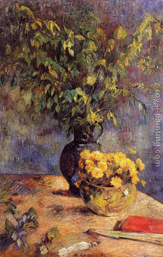 Paul Gauguin : Two Vases of Flowers and a Fan